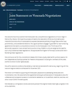 Comunicado de EE.UU sobre inicio de junta para negociaciones en Venezuela