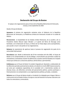 Declaración del Grupo de Boston  en apoyo a las negociaciones para el futuro de Venezuela
