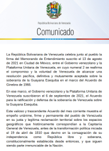 Venezuela celebra firma del acuerdo para la ratificación y defensa de su soberanía sobre la Guayana Esequiba